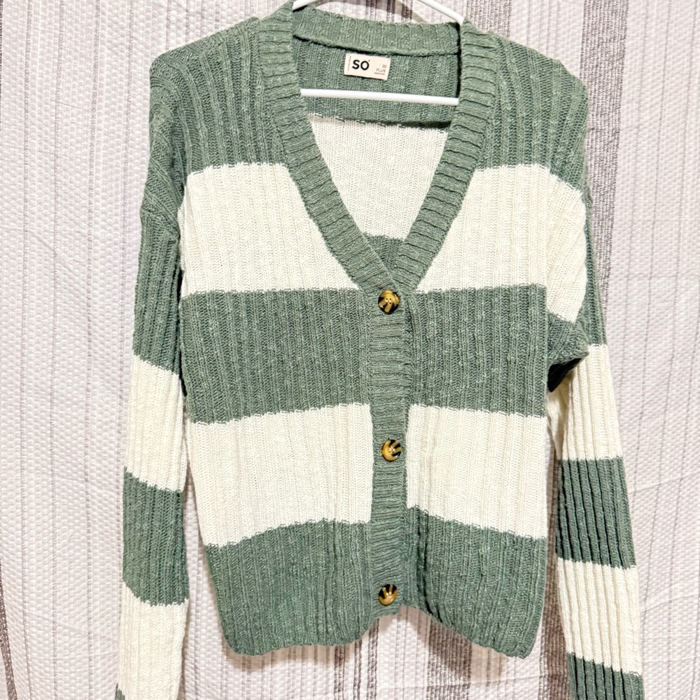 SO Women's Green and Cream Striped Cardigan